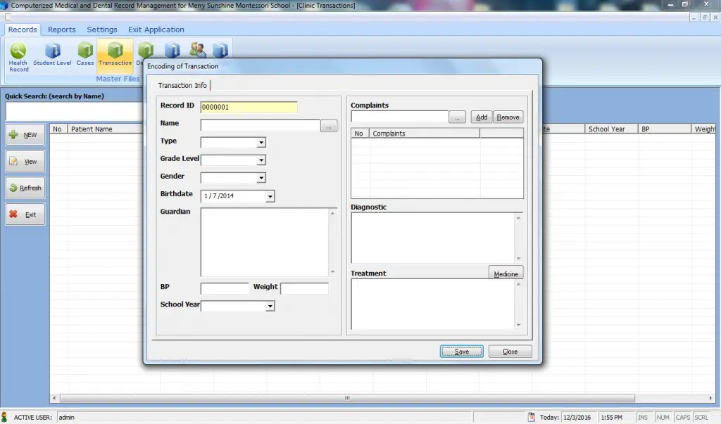 Medical and Dental Record Keeping System