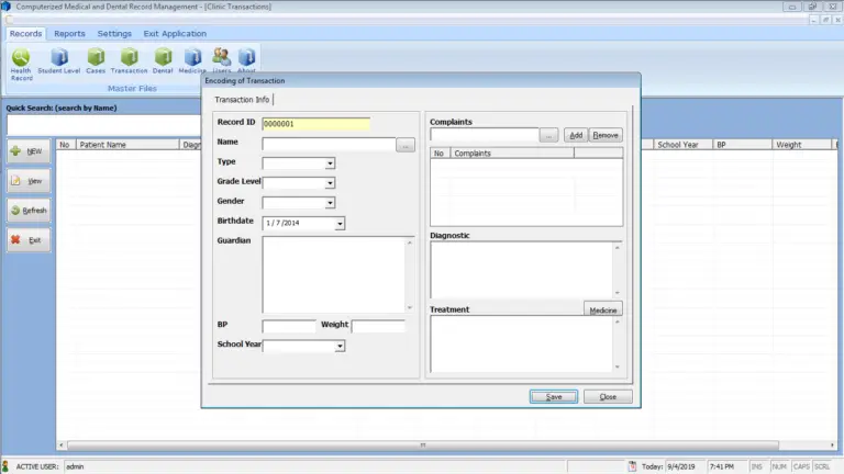 Medical and Dental Record System User Interface and Features