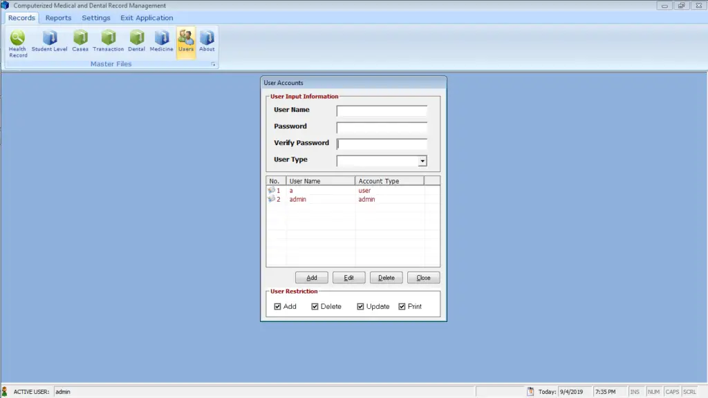 Medical and Dental Record System User Interface and Features