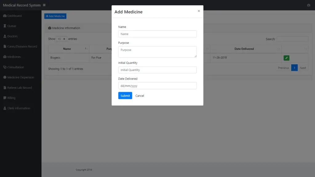 Medical Record System in PHP and MySQL User Interface