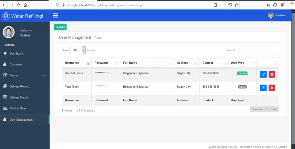 Water Refilling System in PHP and Bootstrap