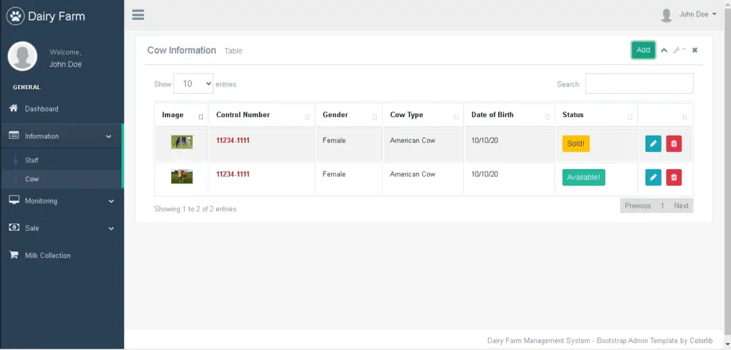 Dairy Farm Management System in PHP and Bootstrap