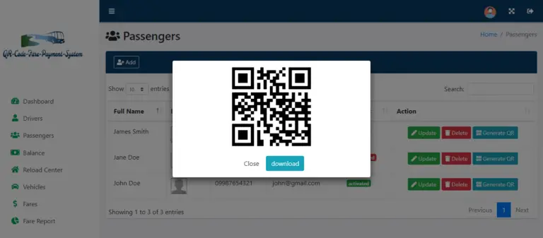 QR Code Fare Payment System - Passenger Profile with QR Code