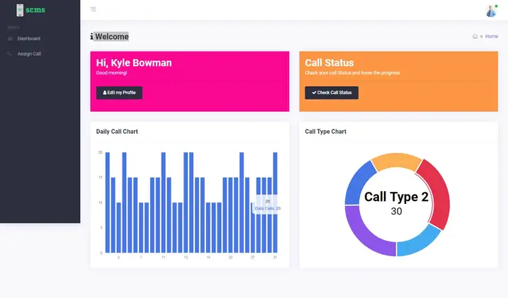 Service Call Management System Free Download Template Source code - Technical Support Dashboard