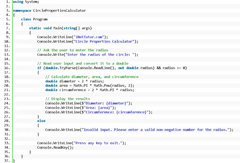 Circle Properties Calculator In Csharp - Inettutor.com