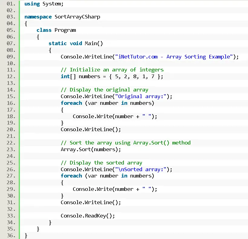 Sorting an Array of Integers in CSharp - source code