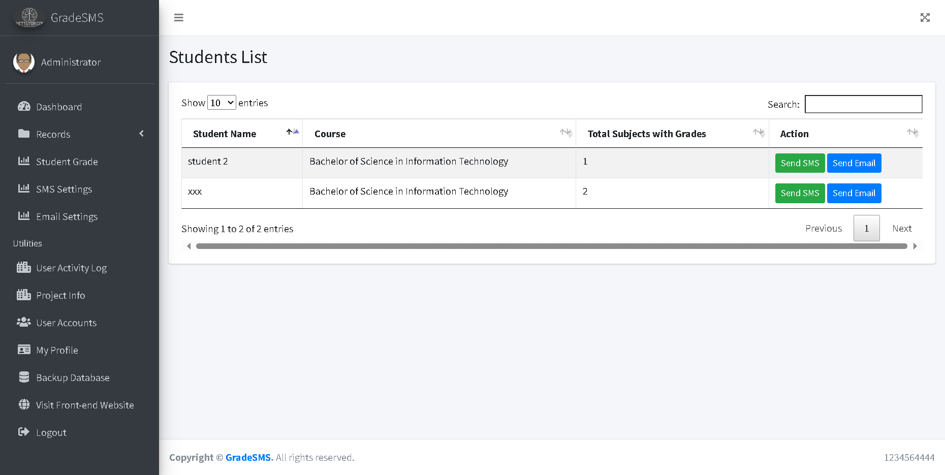 Grade Viewing with SMS and Email Notification - View Grades