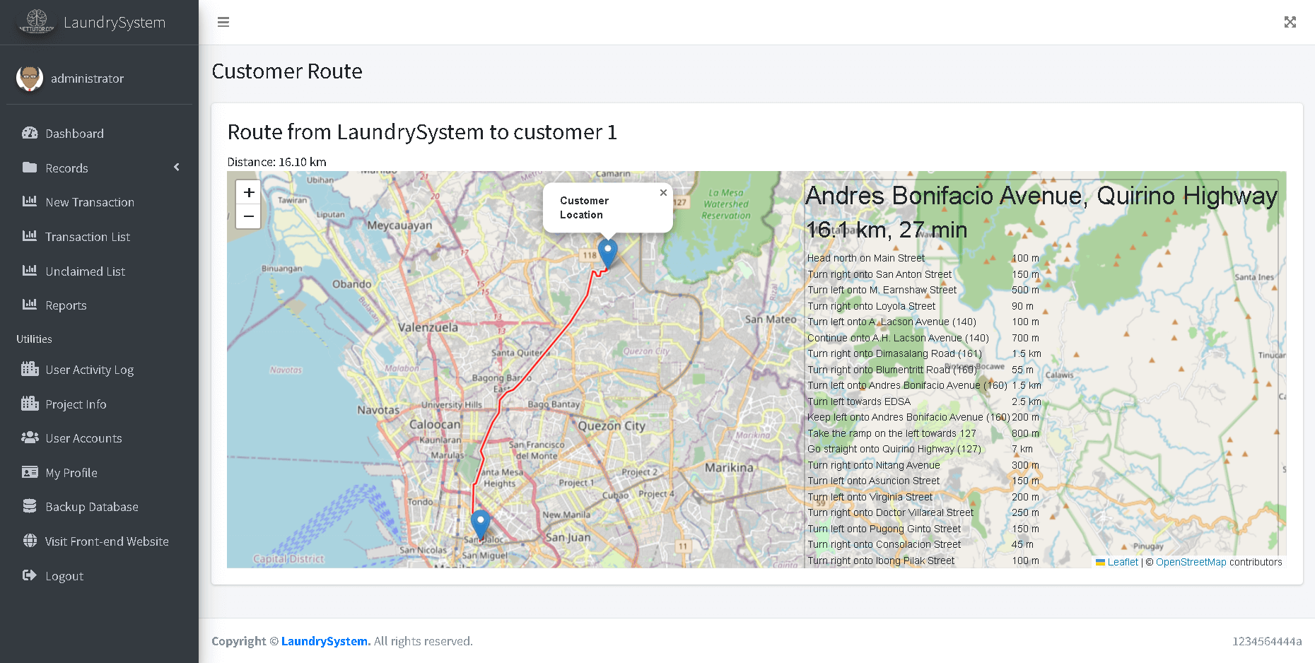 Laundry Management System with Mapping and SMS - Customer Route