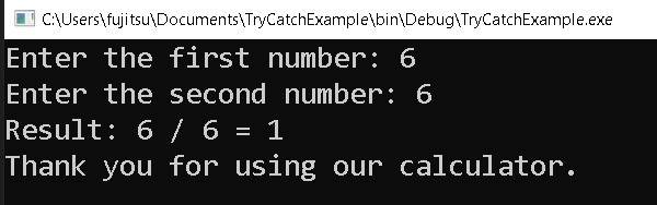 Basic Try-Catch Block in CSharp - output