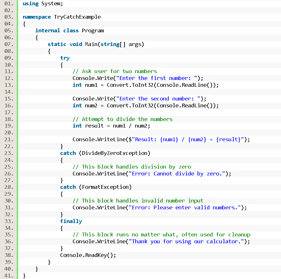 Basic Try-Catch Block in CSharp - source code