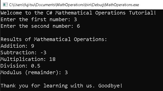 Mathematical Operations with Variables in CSharp - output