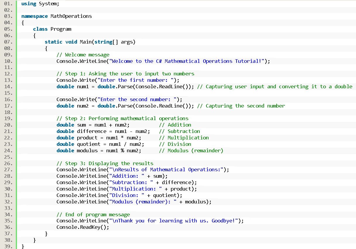 Mathematical Operations with Variables in CSharp - source code