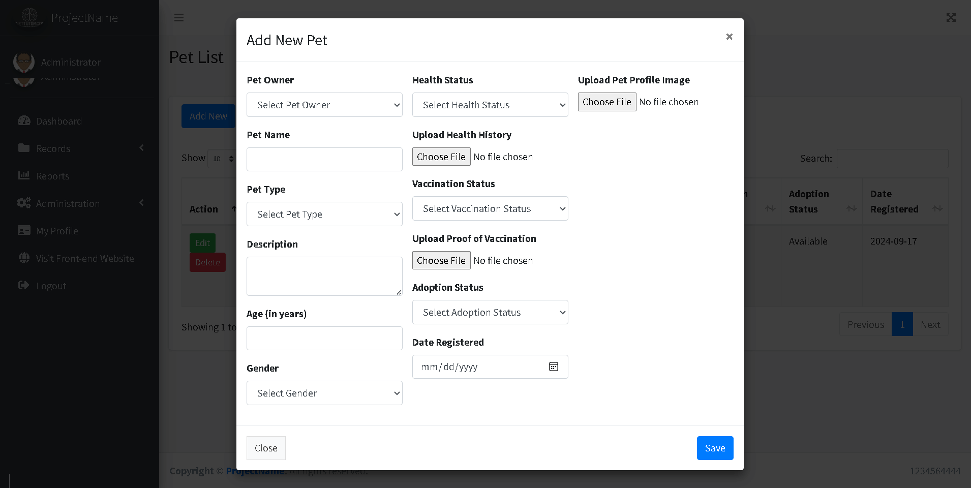 Pet Adoption System Source code - Pet Info