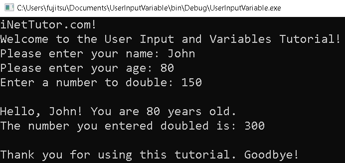 User Input with Variables in CSharp - output