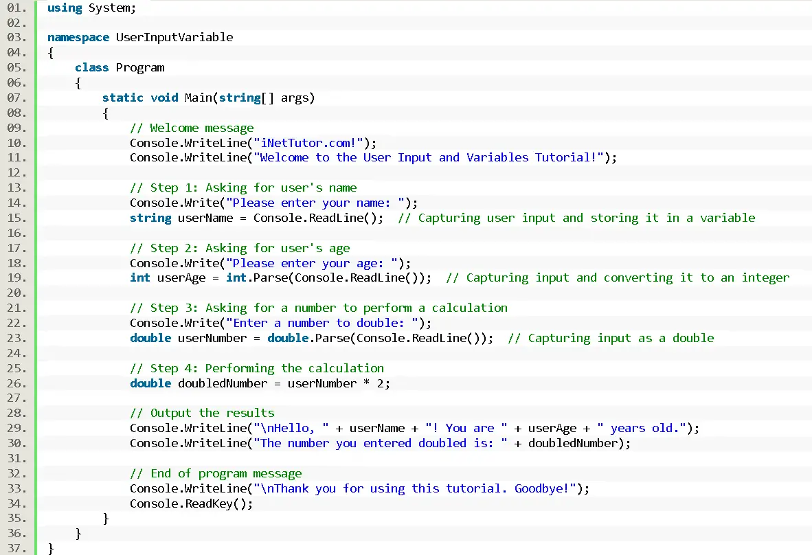 User Input with Variables in CSharp - source code