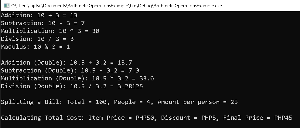 Arithmetic Operators in CSharp - Output