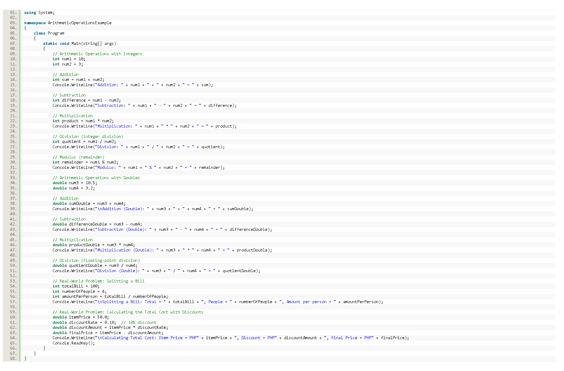 Arithmetic Operators in CSharp - Source code