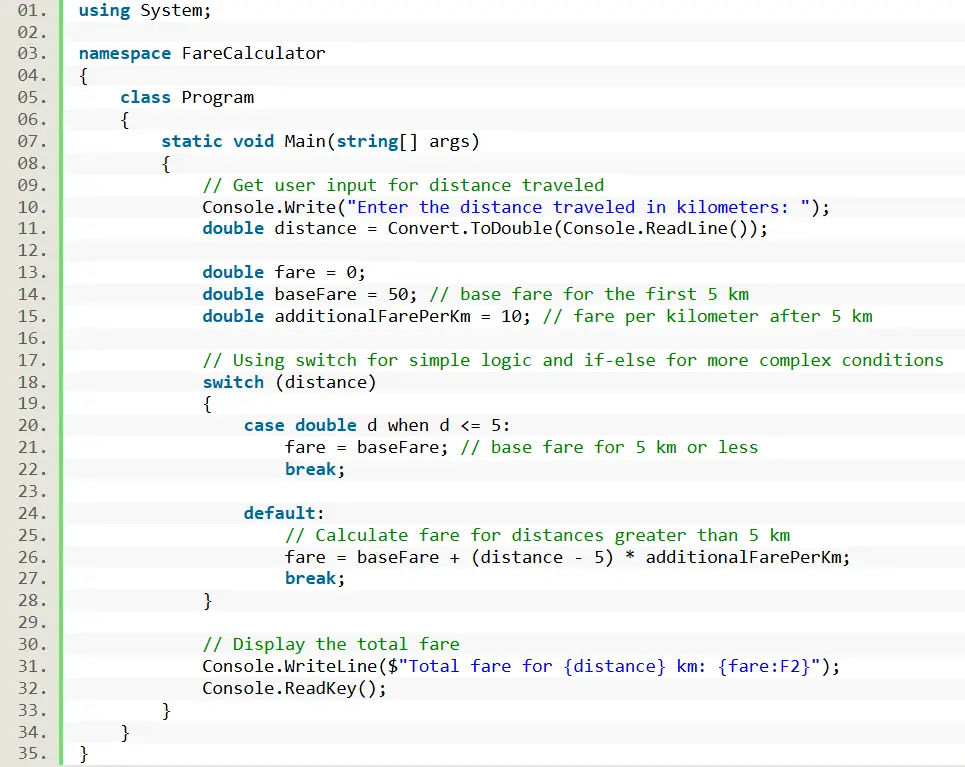 Calculate Fare Based on Distance Traveled - source code switch version