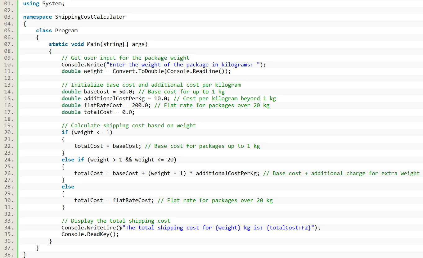 Calculate Shipping Cost Based on Weight in CSharp - source code