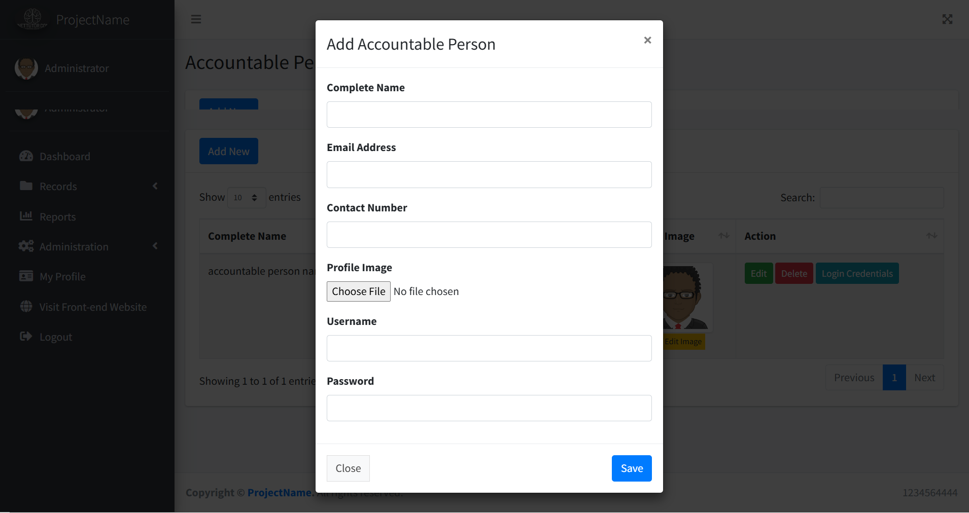 School Asset Inventory Accountable Person Module - Add Modal