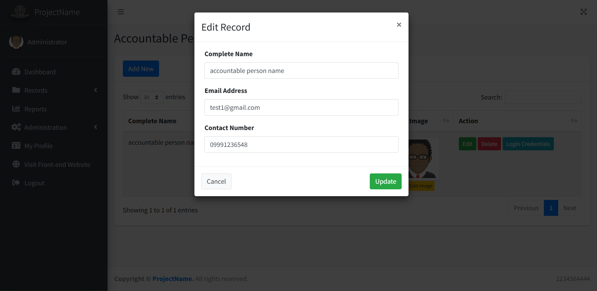 School Asset Inventory Accountable Person Module - Edit and Update Modal