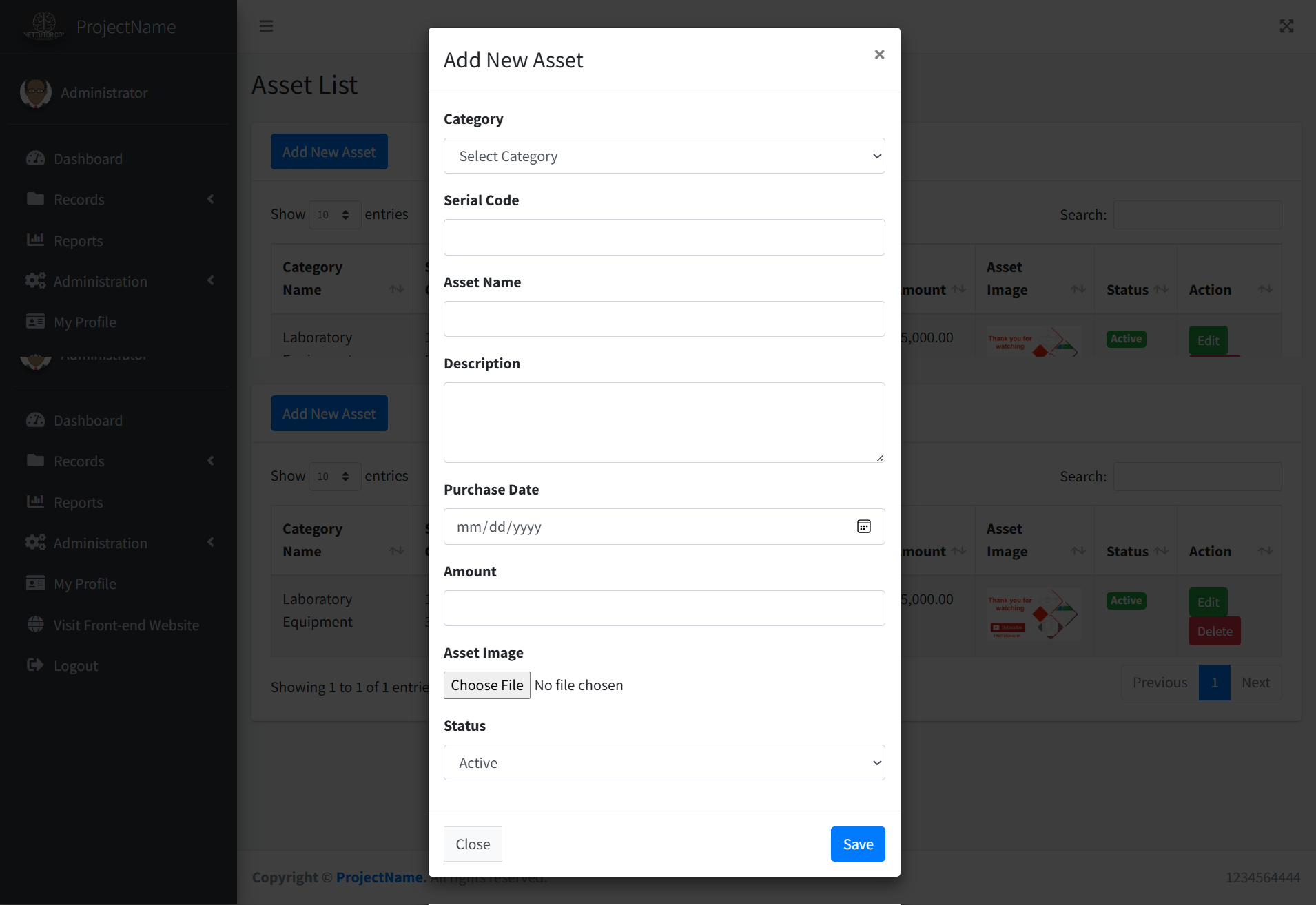 School Asset Inventory Asset Module - Add Modal