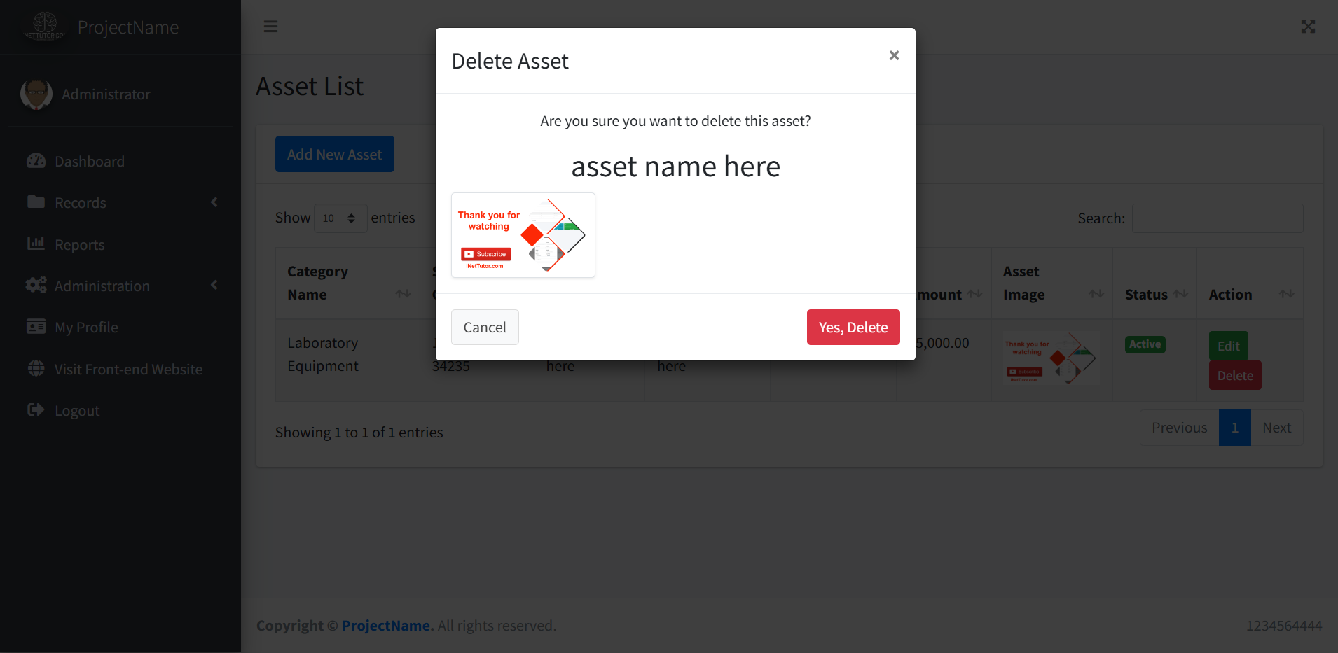 School Asset Inventory Asset Module - Delete Modal