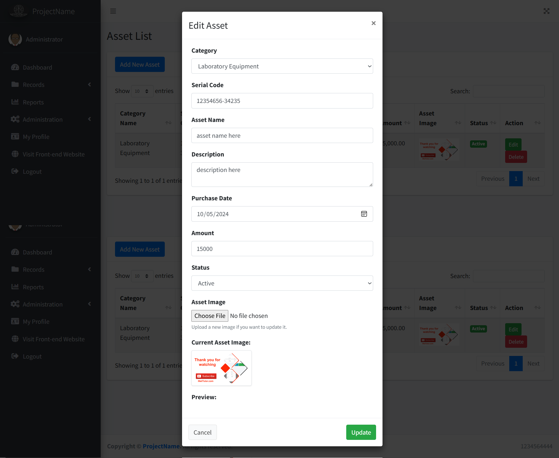 School Asset Inventory Asset Module - Edit and Update Modal