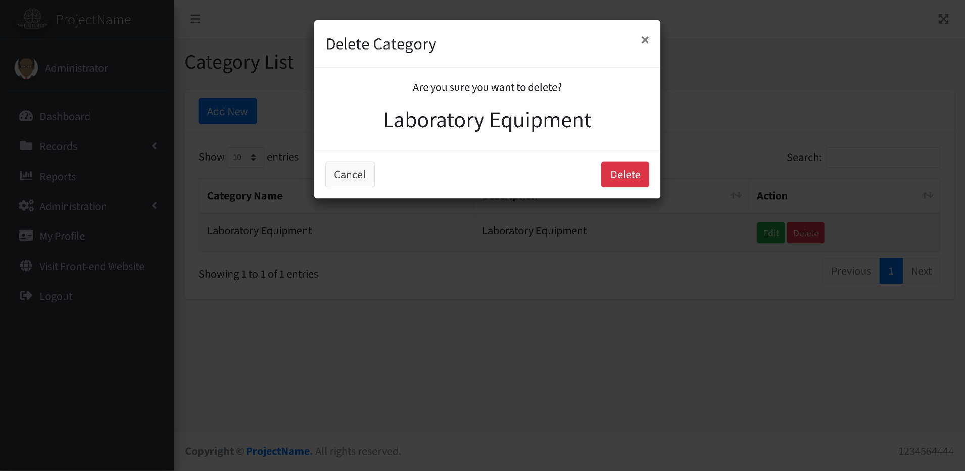 School Asset Inventory Category Module - Delete Modal