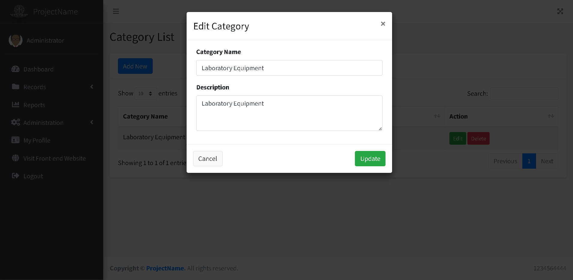 School Asset Inventory Category Module - Edit and Update Modal