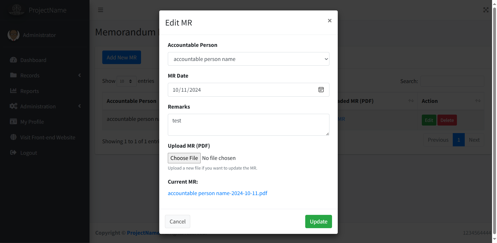 School Asset Inventory MR Module - Edit and Update Modal