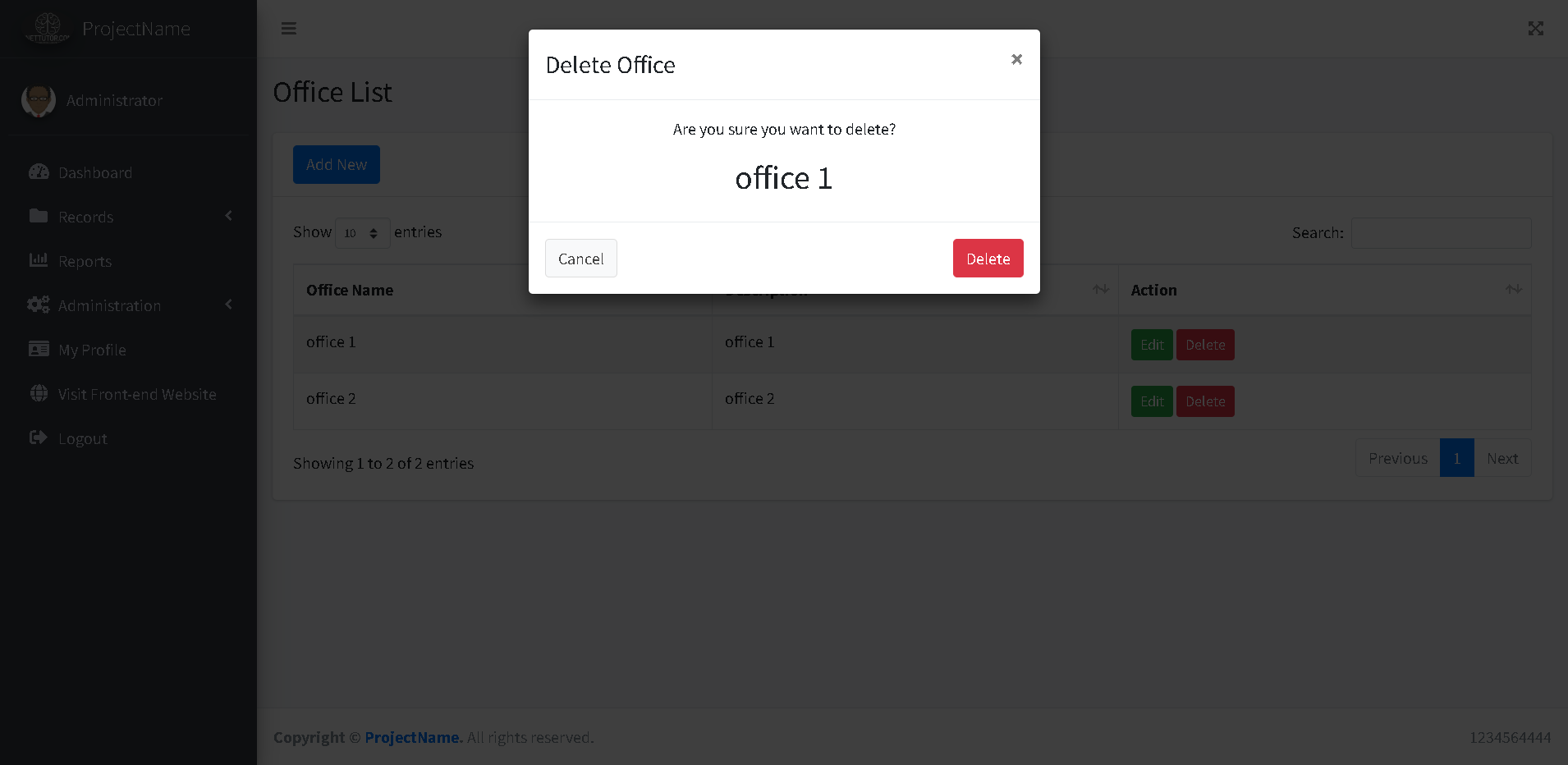 School Asset Inventory Office Module - Delete Modal