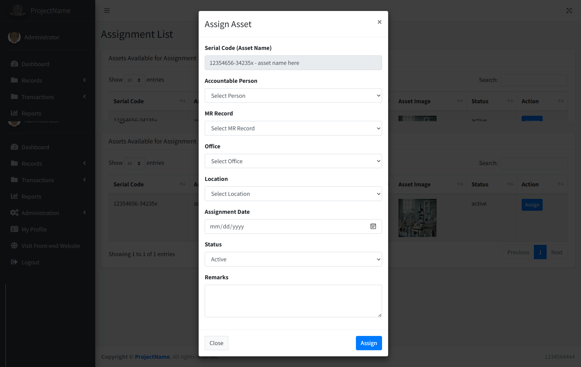 School Asset Inventory Asset Assignment Module - Assign Modal