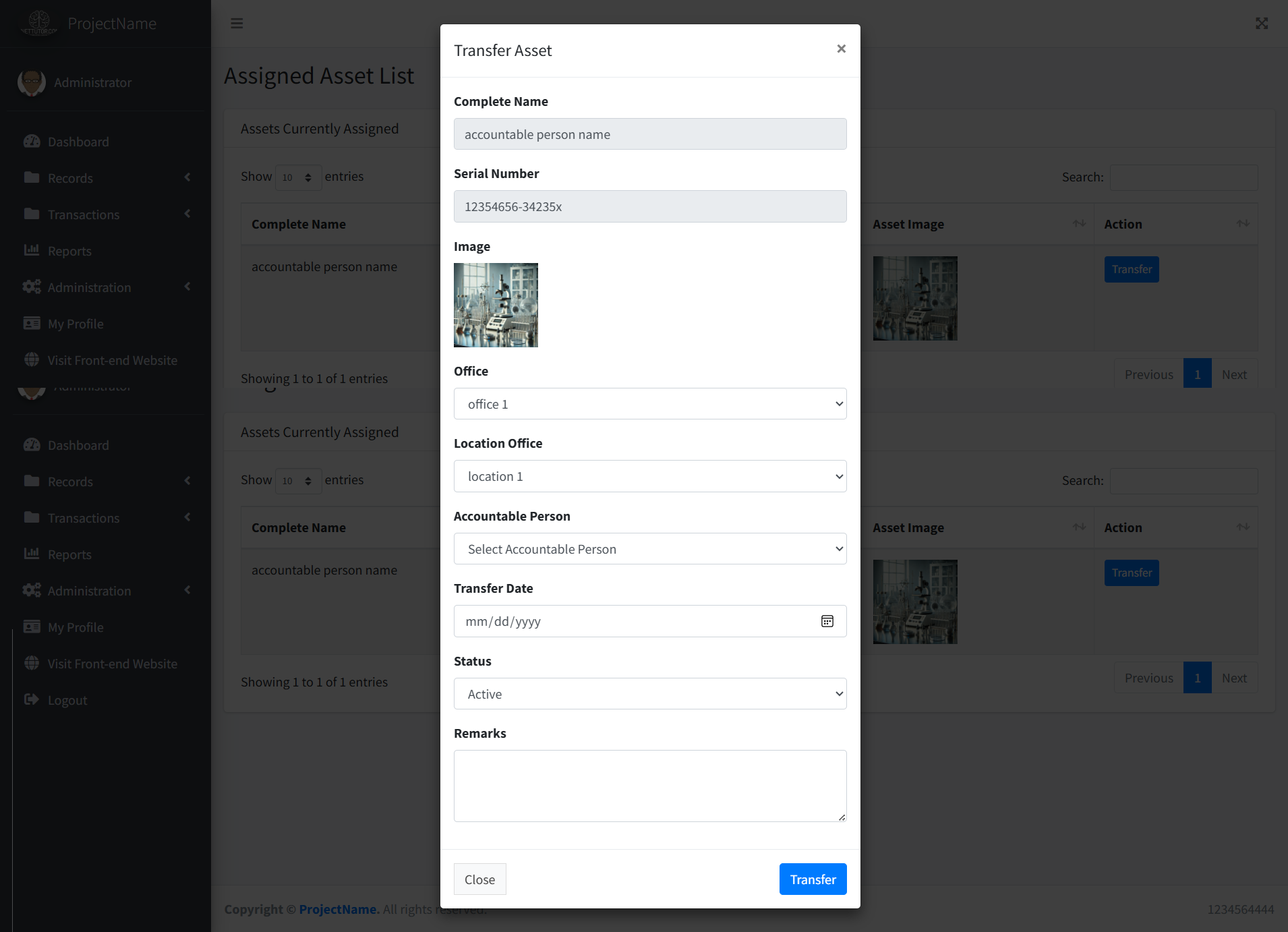 School Asset Inventory Asset Transfer Module - Asset Transfer Modal