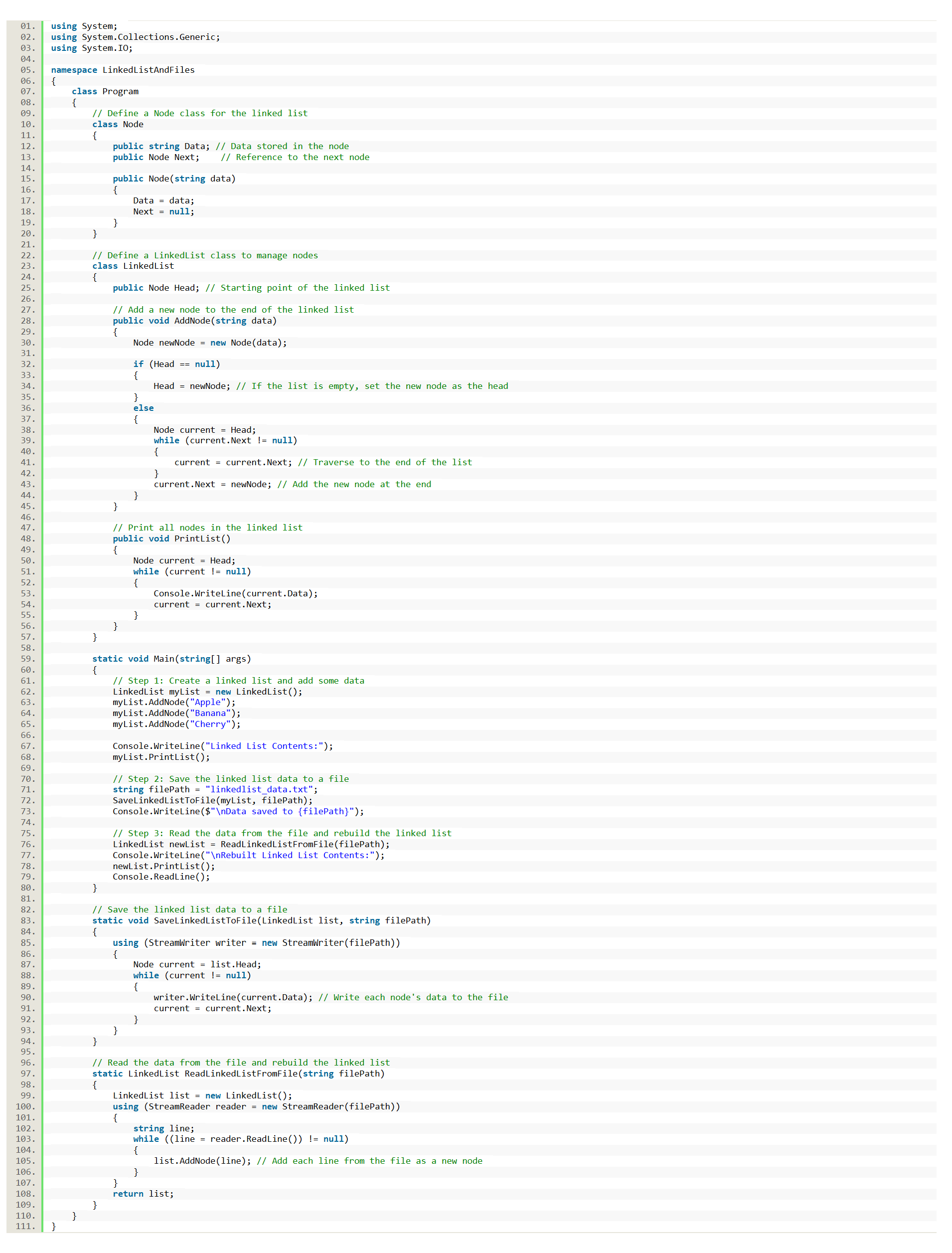 Linked Lists and File Handling in CSharp - source code